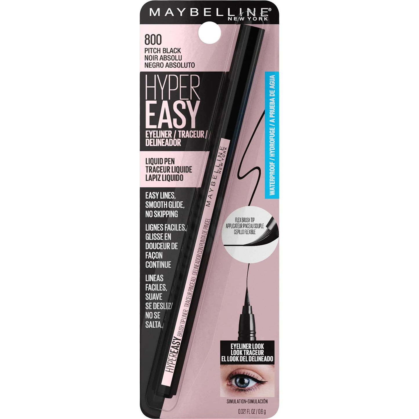 Delineador de ojos líquido Maybelline Hyper Easy No-Skip, acabado satinado, fórmula resistente al agua, negro intenso, 0.018 fl oz - 0.02 fl oz (paquete de 1)