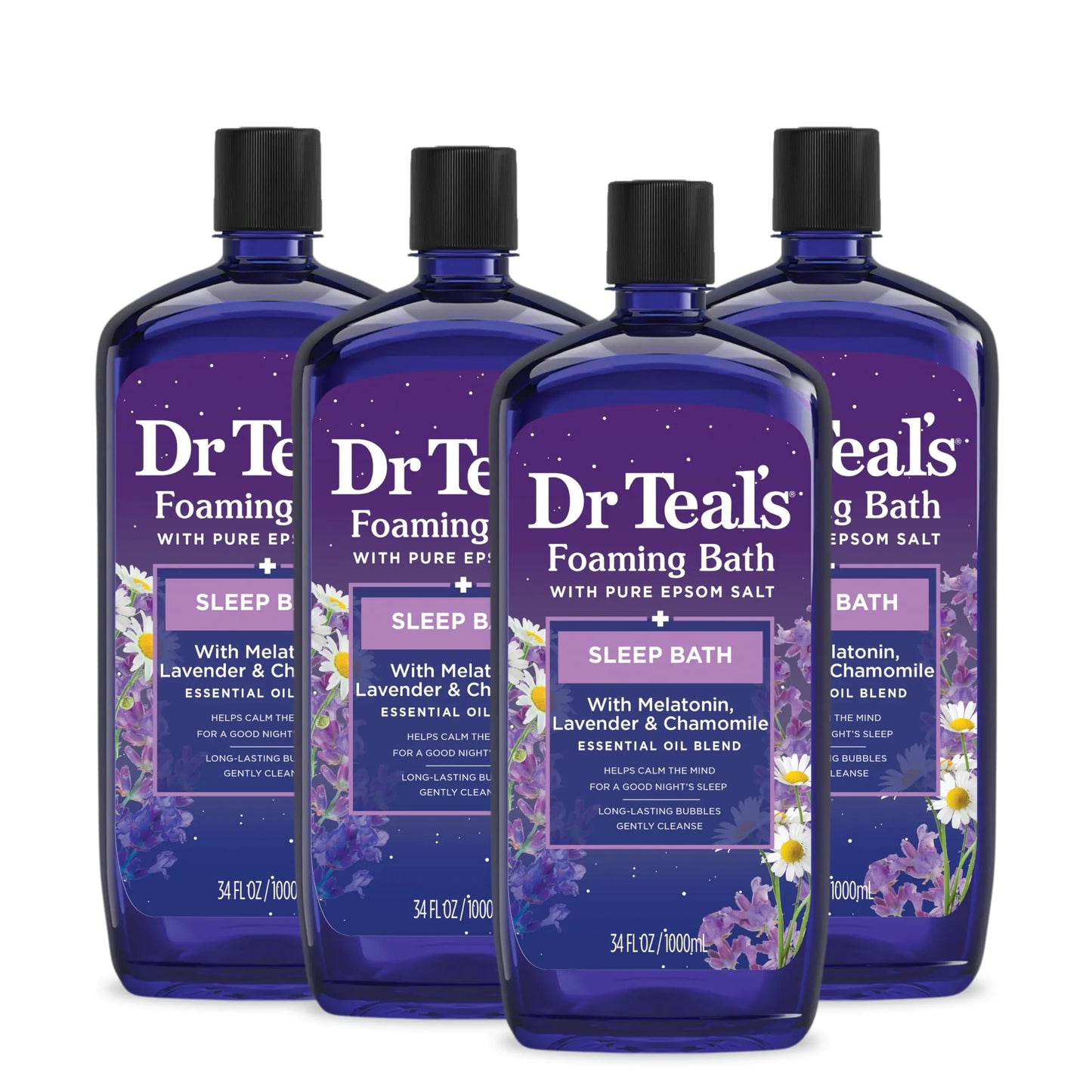 Dr Teal's Foaming Bath med rent Epsom-salt, søvnblanding med melatonin, lavendel og kamille-essensielle oljer, 34 Fl Oz (pakke med 4) (emballasjen kan variere)