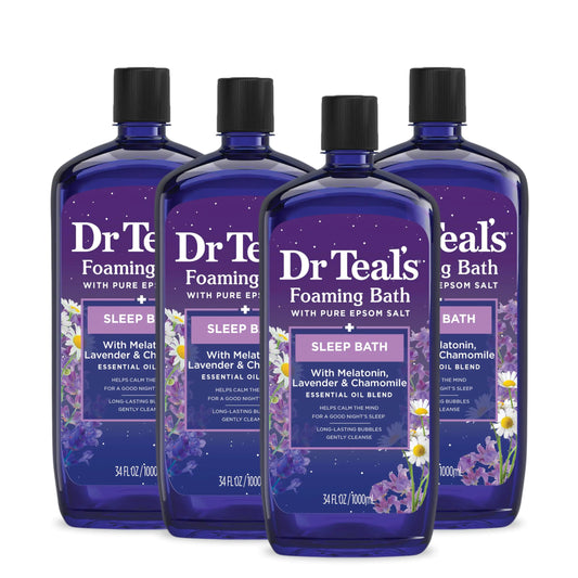 Baño espumoso Dr. Teal's con sales de Epsom puras, mezcla para dormir con melatonina, aceites esenciales de lavanda y manzanilla, 947 ml (paquete de 4) (el empaque puede variar)