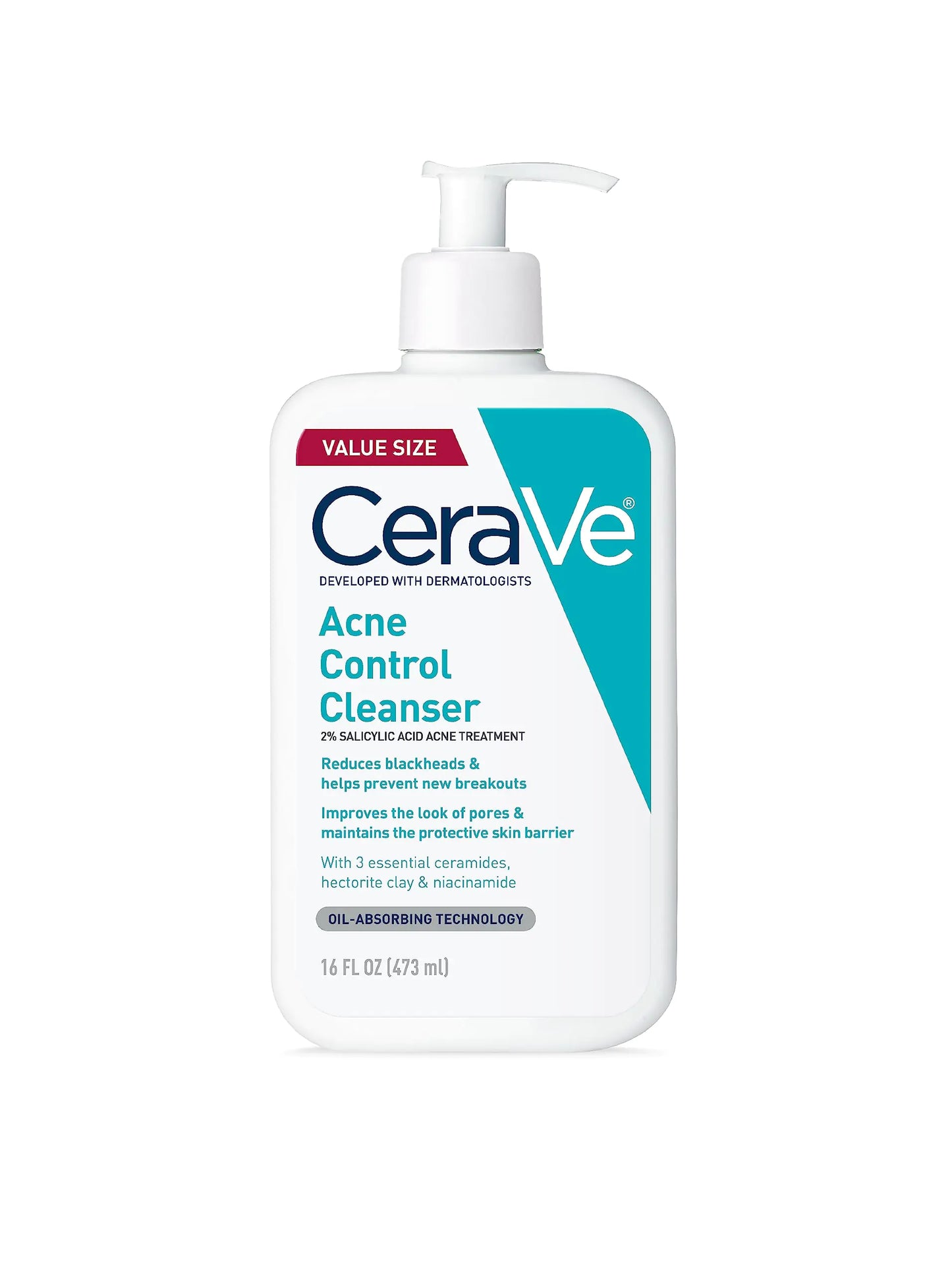 CeraVe Acne Control Cleanser, 2 % salisylsyre aknebehandling formulert med niacinamid + ceramider + oljeabsorberende leire, skånsom akne ansiktsvask hjelper til med å fjerne og forhindre akne, parfymefri, 16 unse 16 Fl Oz (pakke med 1)