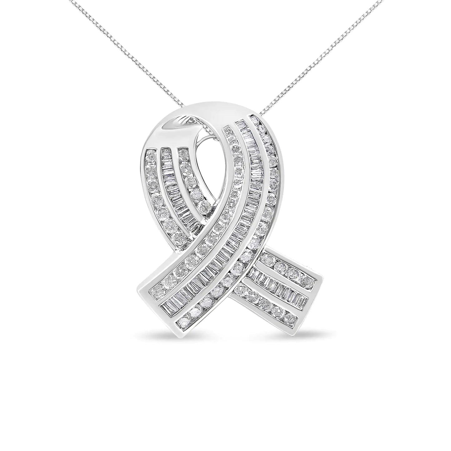 14K hvitt gull 2 ​​5/8 Cttw kanalsett Rund og Baguette Diamond Awareness Ribbon Pendant (HI Color, I1-I2 Clarity) - kjede ikke inkludert