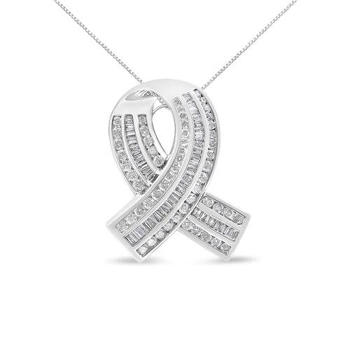 14K White Gold 2 5/8 Cttw Channel Set Round and Baguette Diamond Awareness Ribbon Pendant (H-I Color, I1-I2 Clarity) - Chain Not Included