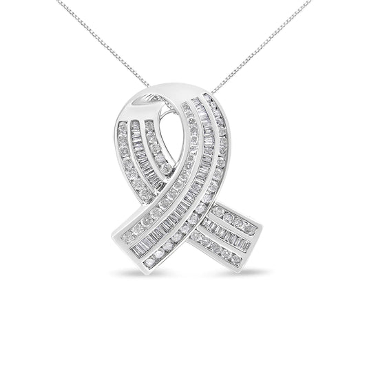 14K White Gold 2 5/8 Cttw Channel Set Round and Baguette Diamond Awareness Ribbon Pendant (H-I Color, I1-I2 Clarity) - Chain Not Included