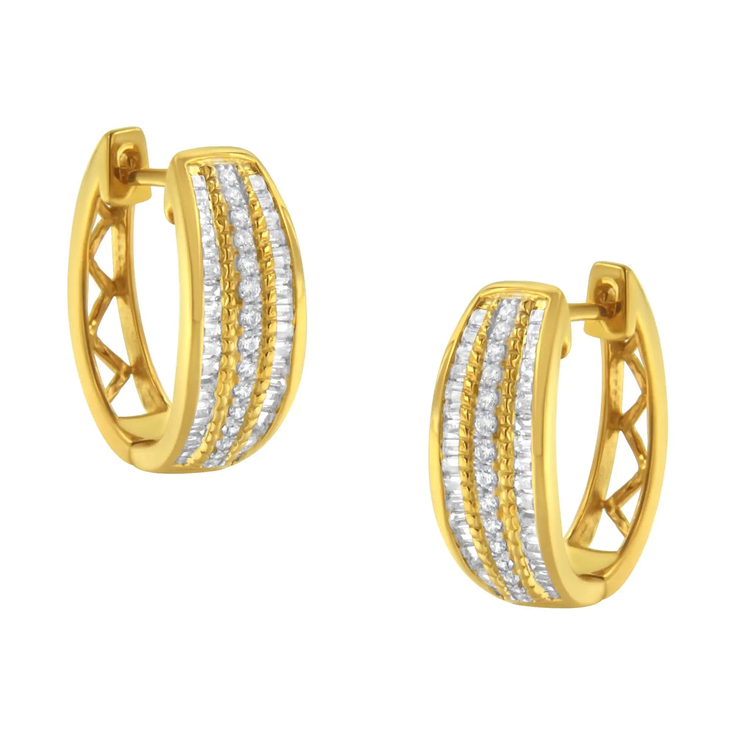 10K Yellow Gold 3/4 Cttw Pave and Channel Set Diamond Triple Row Modern Hoop Earrings (I-J Color, I2-I3 Clarity)