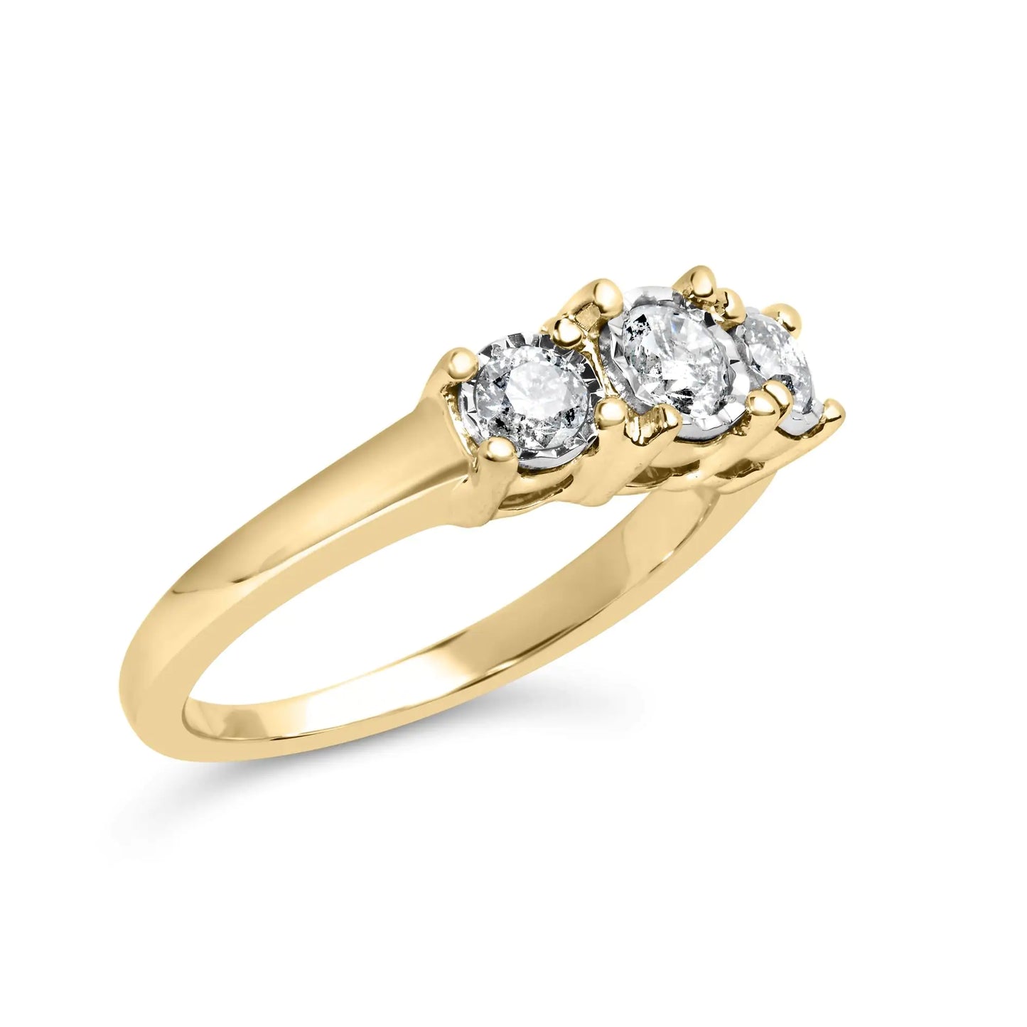 10K Yellow Gold 1/2 Cttw Miracle Set Round Diamond Three Stone Illusion Plate Ring (I-J Color, I2-I3 Clarity)