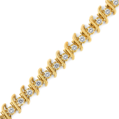 Pulsera de eslabones "S" con diamantes brillantes de talla redonda engastados en garras de 3,00 quilates, bañada en oro amarillo de 10 quilates (plata de ley .925) (color JK, claridad I2-I3) - Talla 7.5