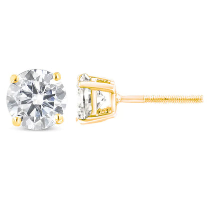 14K Yellow Gold 2.00 Cttw Round Brilliant-Cut Diamond Classic 4-Prong Stud Earrings with Screw Backs (H-I Color, I1-I2 Clarity)