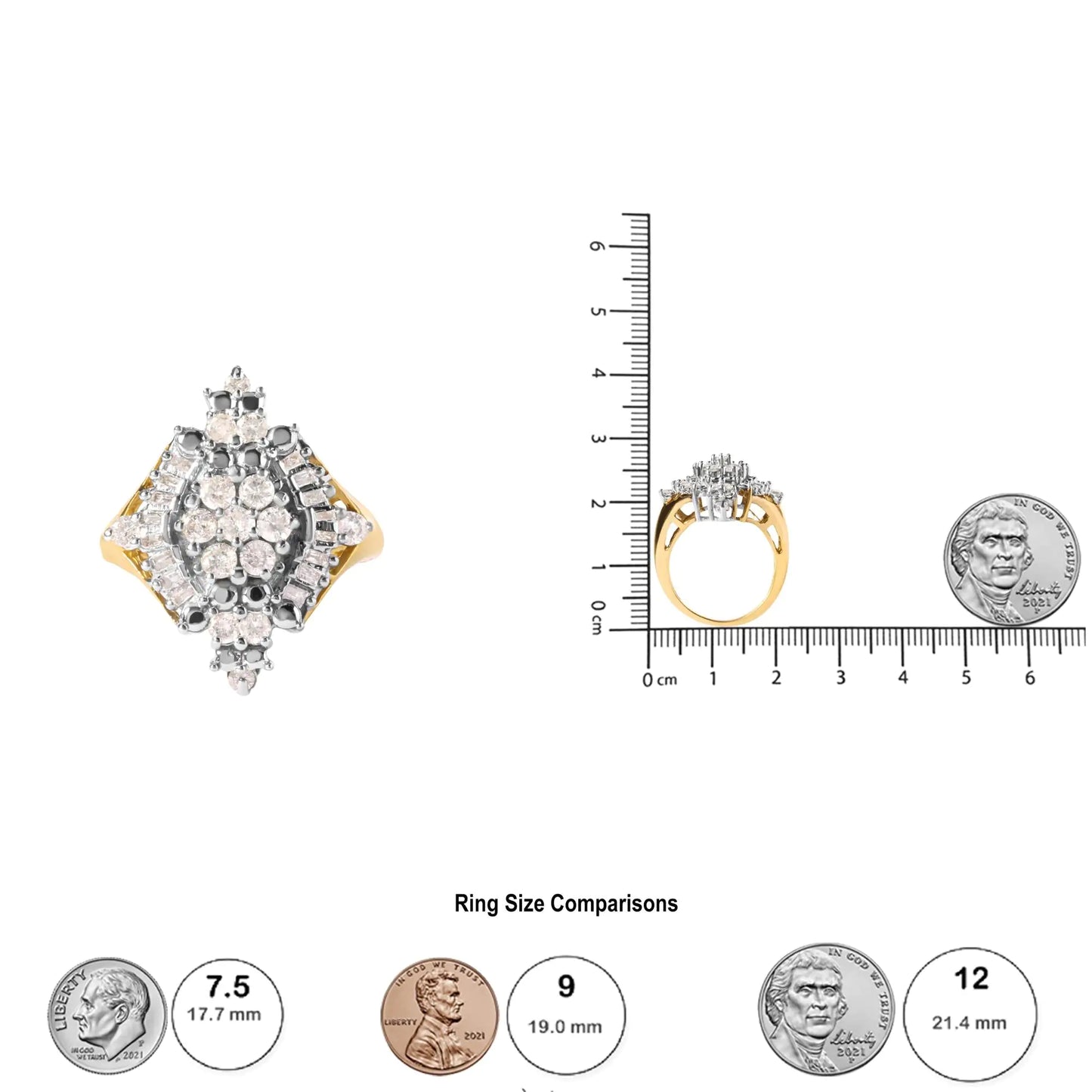 10K Yellow Gold 1 Cttw Round and Baguette cut Diamond Cluster and Rhombus Halo Ring (H-I Color, I1-I2 Clarity)