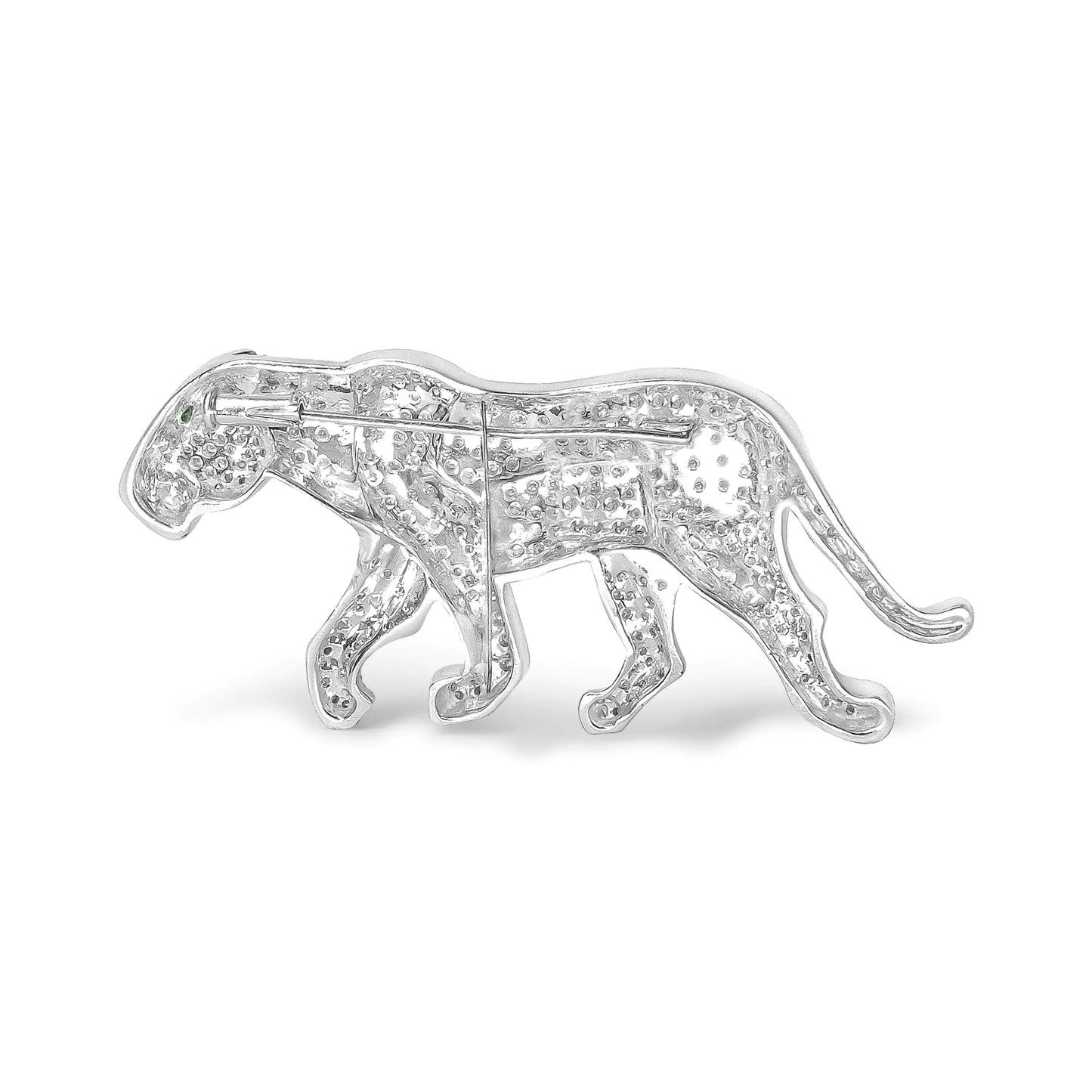 18K White Gold 2mm Green Round Emerald and 2 1/2 Cttw Diamond Panther Brooch Pin (H-I Color, SI1-SI2 Clarity)