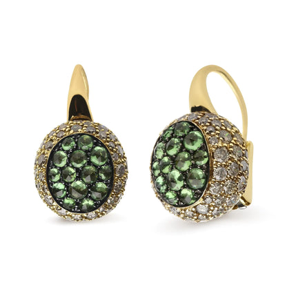 18K Yellow Gold 3 1/2 Cttw Diamond and Round Green Tsavorite Gemstone Round Domed Drop Hoop Earrings (Brown Color, SI1-SI2 Clarity)