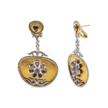 14K White and Yellow Gold 5 1/4 Cttw Rose Cut Diamond Matte Finished Medallion Dangle Earring (Fancy Color, I1-I2 Clarity)