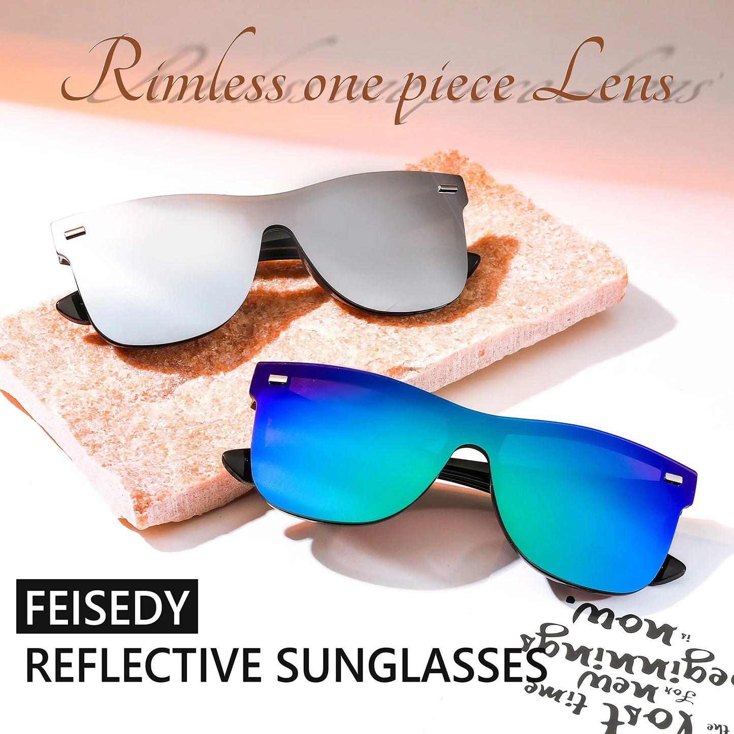 FEISEDY Sunglasses, Rimless Mirrored Sun Glasses with Reflective One-Piece Lens, B4114 Green Blue Mirror 62 Millimeters