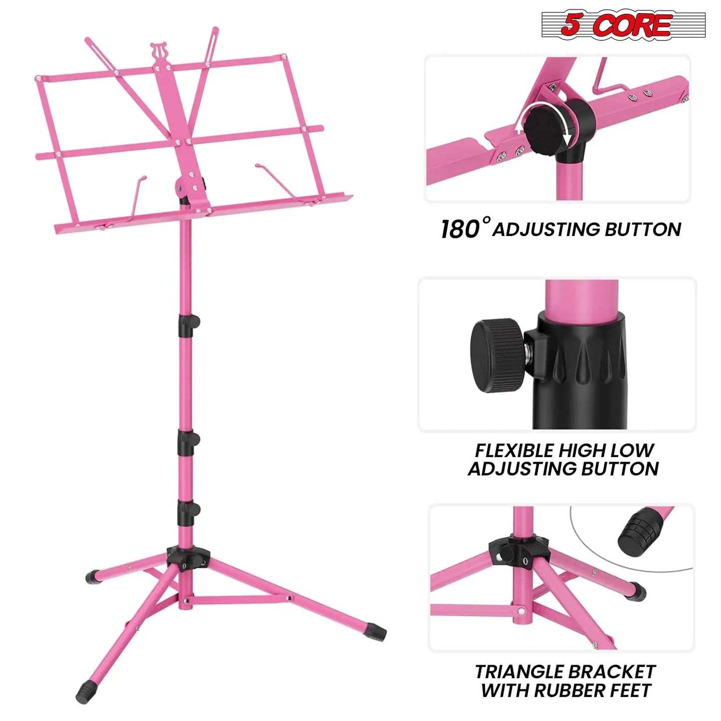 Soporte de Música 5Core para Partituras, Portátil, Tripé Ajustável, Dobrável, com Porta-Partituras e Luz, Rosa