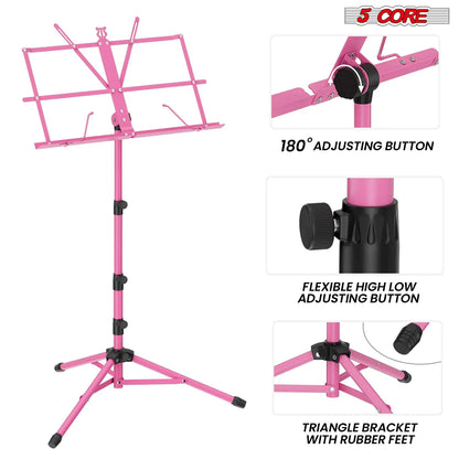 Soporte de Música 5Core para Partituras, Portátil, Tripé Ajustável, Dobrável, com Porta-Partituras e Luz, Rosa