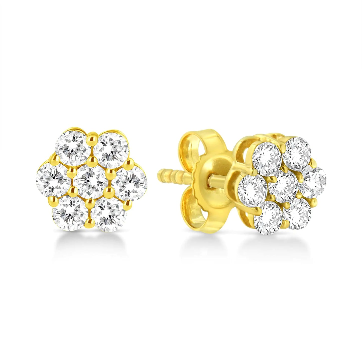 Aretes de oro amarillo de 14 quilates con diamantes de talla brillante redonda de 1/2 ct y diseño floral con cierre de presión (color JK, claridad VS2-SI1)