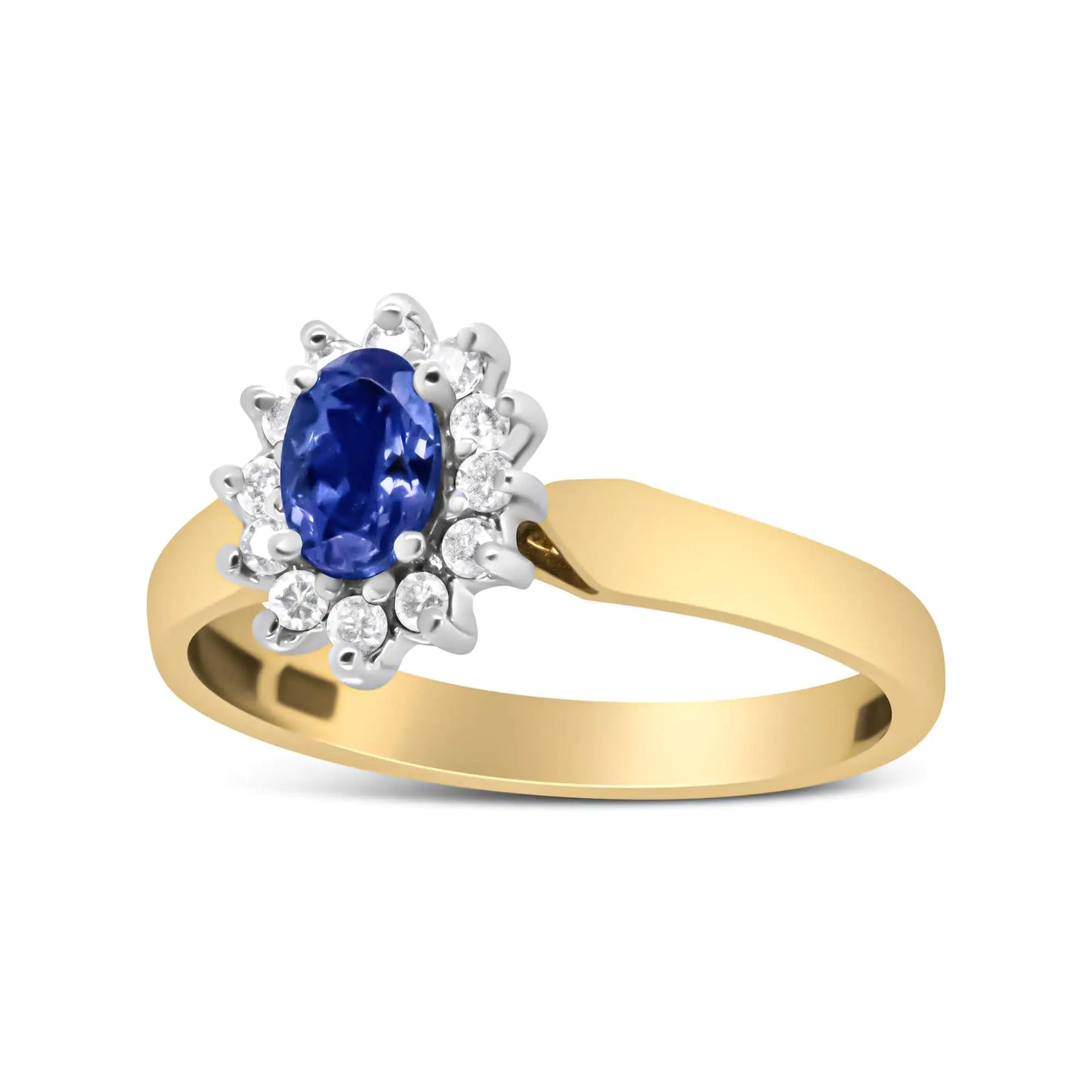 14K gult gull 1/5 Cttw rund diamant og 6x4 mm oval blå tanzanite Halo-ring (HI-farge, I1-I2-klarhet)