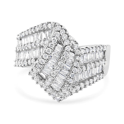 14K White Gold 1-1/2 Cttw Round and Baguette Diamond Bypass Cocktail Ring Band (H-I Color, SI1-SI2 Clarity)