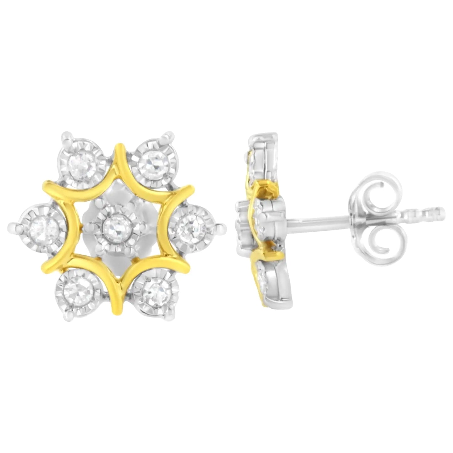 Aretes florales de diamantes de talla redonda con engaste milagroso de 1/4 ct, chapados en oro amarillo de 10 quilates y plata de ley 925 (color IJ, claridad I2-I3)