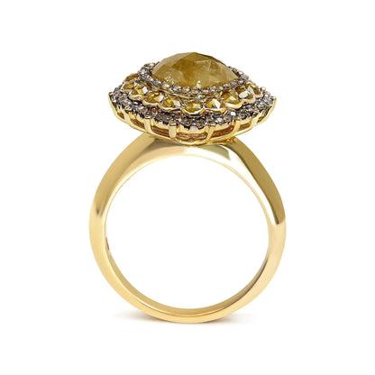 Anillo de cóctel de oro amarillo de 14 quilates con halo de diamantes blancos y talla rosa amarilla de 3,00 quilates (color amarillo/IJ, claridad I1-I2) - Talla 7