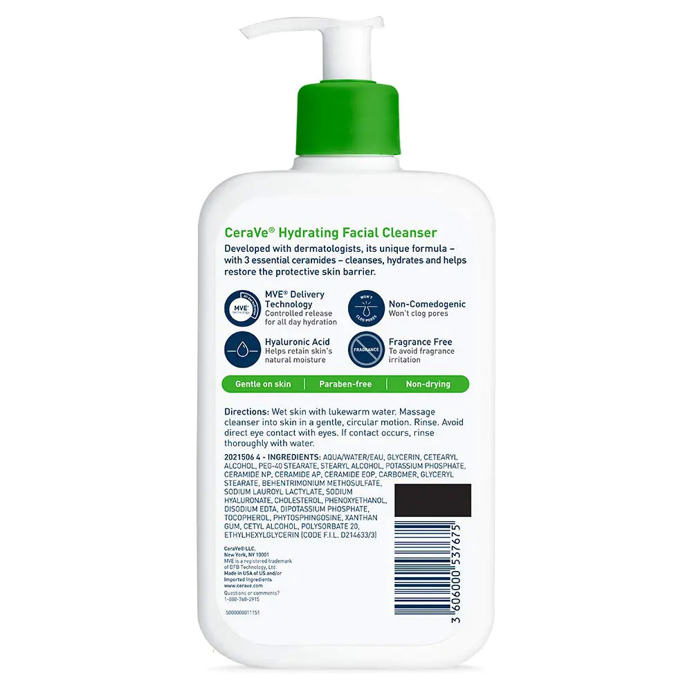 CeraVe Hydrating Facial Cleanser | Fuktighetsgivende ansiktsvask for tørr hud | Hyaluronsyre + Ceramider + Glyserin | Hydraterende rengjøringsmiddel for normal til tørr hud | National Eczema Association sertifisert 