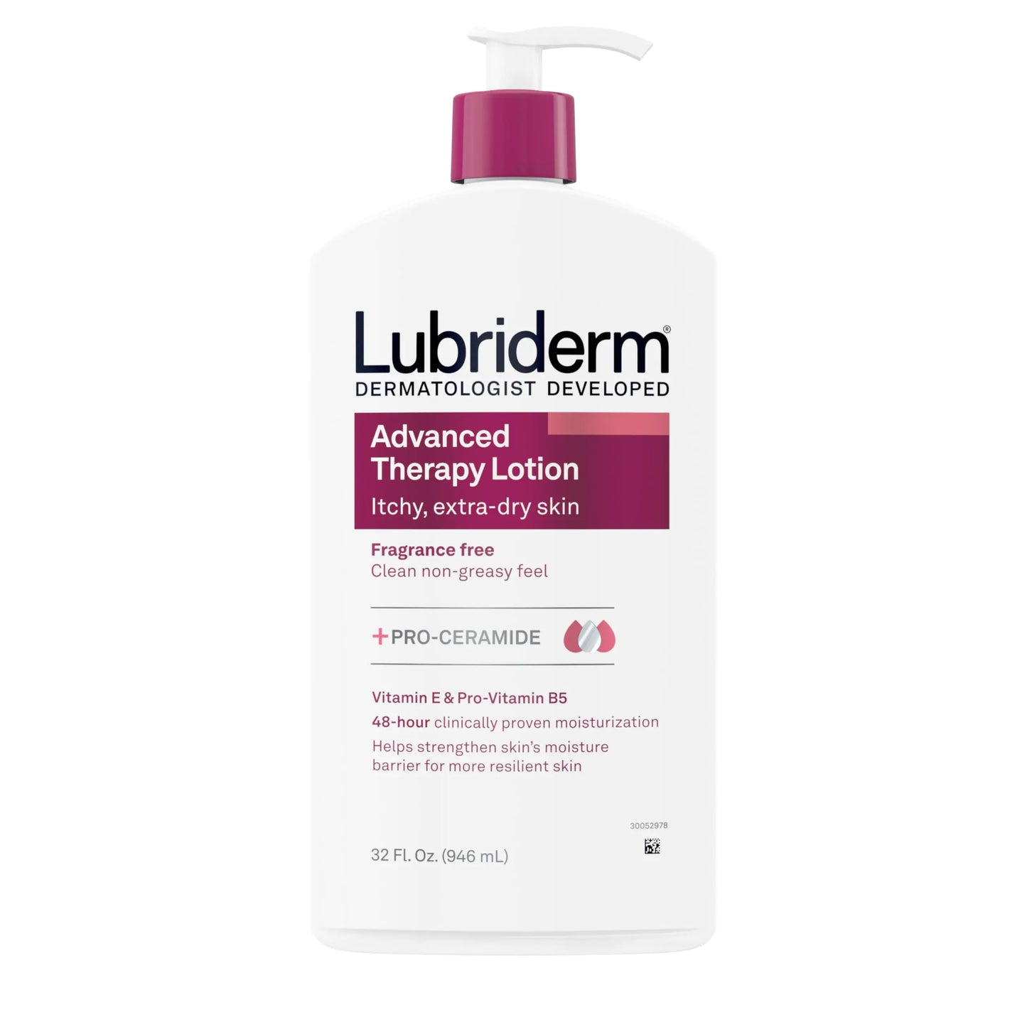 Lubriderm Advanced Therapy Moisturizing Hand and Body Lotion + Pro-Ceramide med vitamin E og pro-vitamin B5, fettfri, parfymefri, intens fuktighet for kløende, ekstra tørr hud, 32 FL OZ 