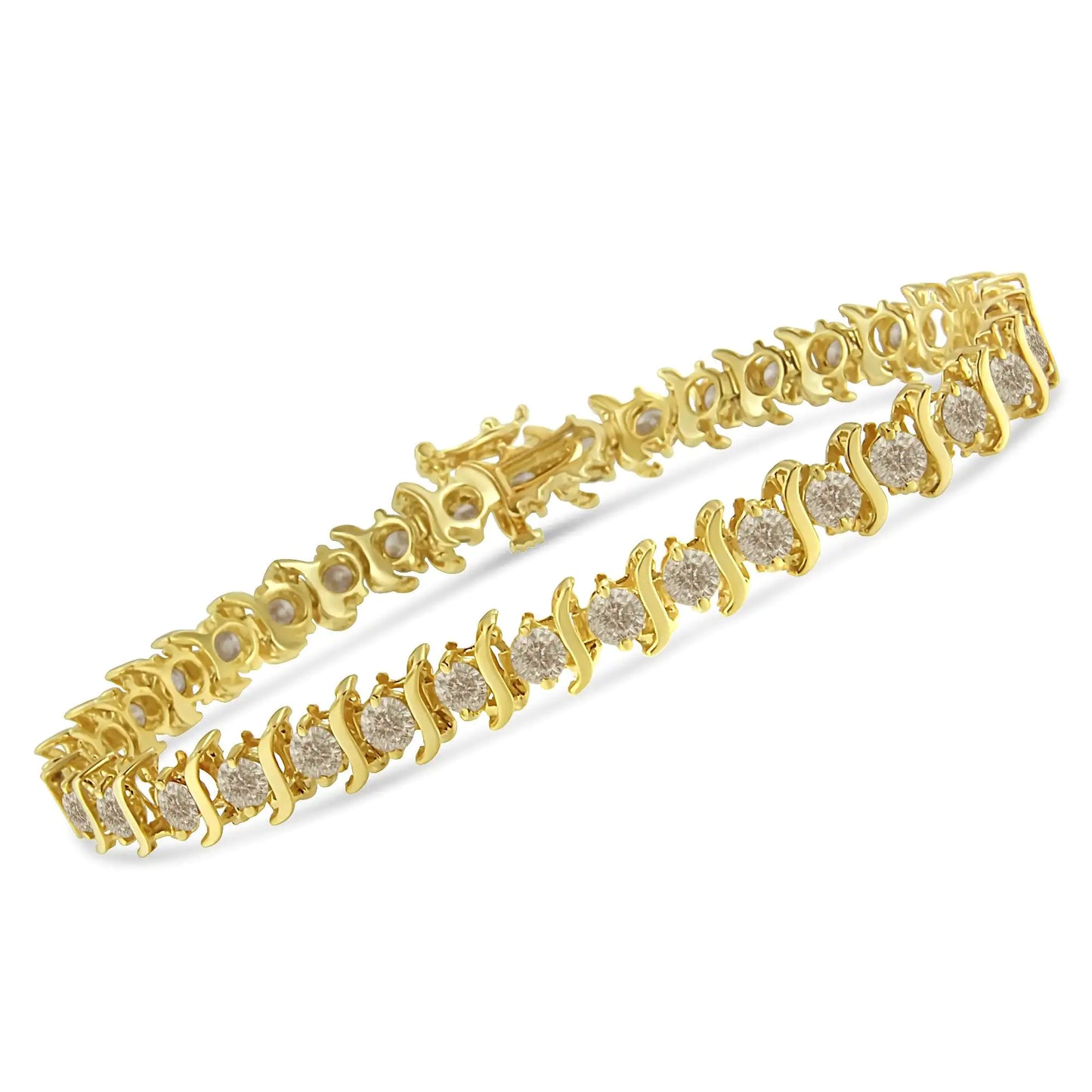 10K Yellow Gold Plated .925 Sterling Silver 7.0 cttw 2-Prong Set Round Brilliant Cut Diamond "S" Link Bracelet (J-K color, I1-I2 clarity) - 7"