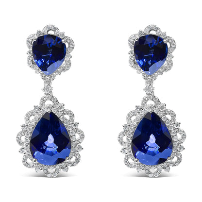 18K White Gold Blue Sapphire and Diamond 2.00 Cttw Diamond Halo Drop and Dangle Earring (G-H Color, SI1-SI2 Clarity)