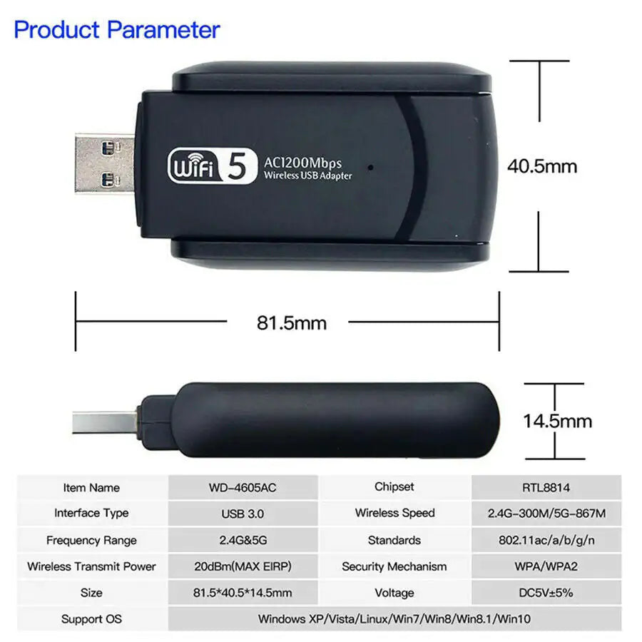 1200 Mbps pika ulatusega AC1200 kahesageduslikud 5 GHz traadita USB 3.0 WiFi-adapteri antennid