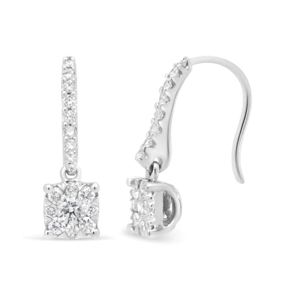 14K White 1/2 Cttw Round Diamond Halo Dangle Hook Earring - (H-I Color, SI2-I1 Clarity)