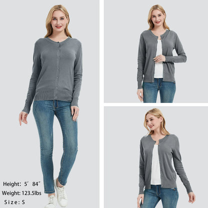 Suéter tipo cárdigan de manga larga con botones y cuello redondo para mujer, gris plateado, talla XX-Large