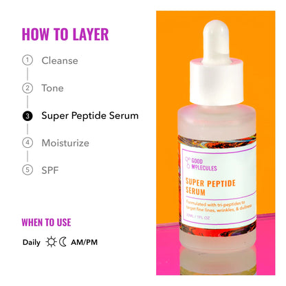 Good Molecules Super Peptide Serum - Anti-aldring ansiktsserum med peptider og kobbertripeptider for å fylle og faste - Vannbasert hudpleie for ansiktet