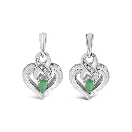 .925 Sterling Silver 5x3mm Pear Emerald Gemstone with Diamond Accent Heart Dangle Stud Earrings (H-I Color, SI1-SI2 Clarity)