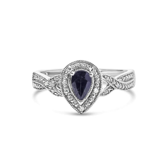 .925 Sterling Silver 6x4mm Pear Sapphire Gemstone with Diamond Accent Fashion Halo Ring (H-I Color, SI1-SI2 Clarity) WEM Support (www.WEM.support)