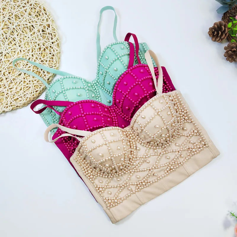 Women's Fashionable Elegant Pearl Spaghetti-strap Camisole Top With Chest Pad WEM Support (www.WEM.support)