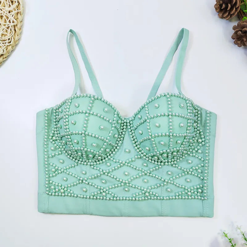 Women's Fashionable Elegant Pearl Spaghetti-strap Camisole Top With Chest Pad WEM Support (www.WEM.support)