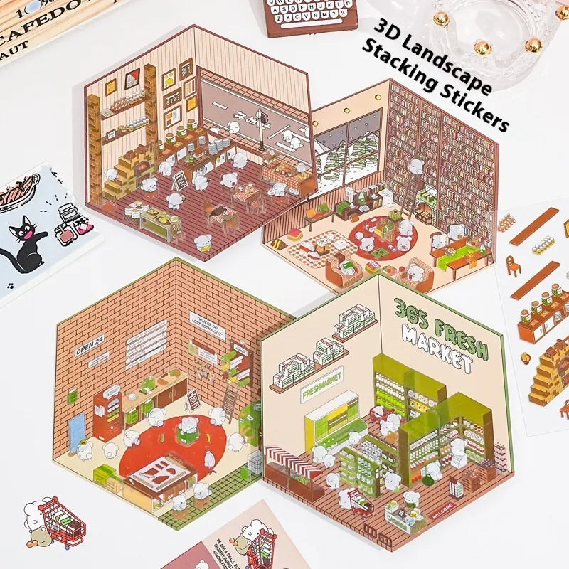 Cut-free Landscaping Scene Stickers Visual 3D Stacked Three-dimensional Cottage WEM Support (www.WEM.support)