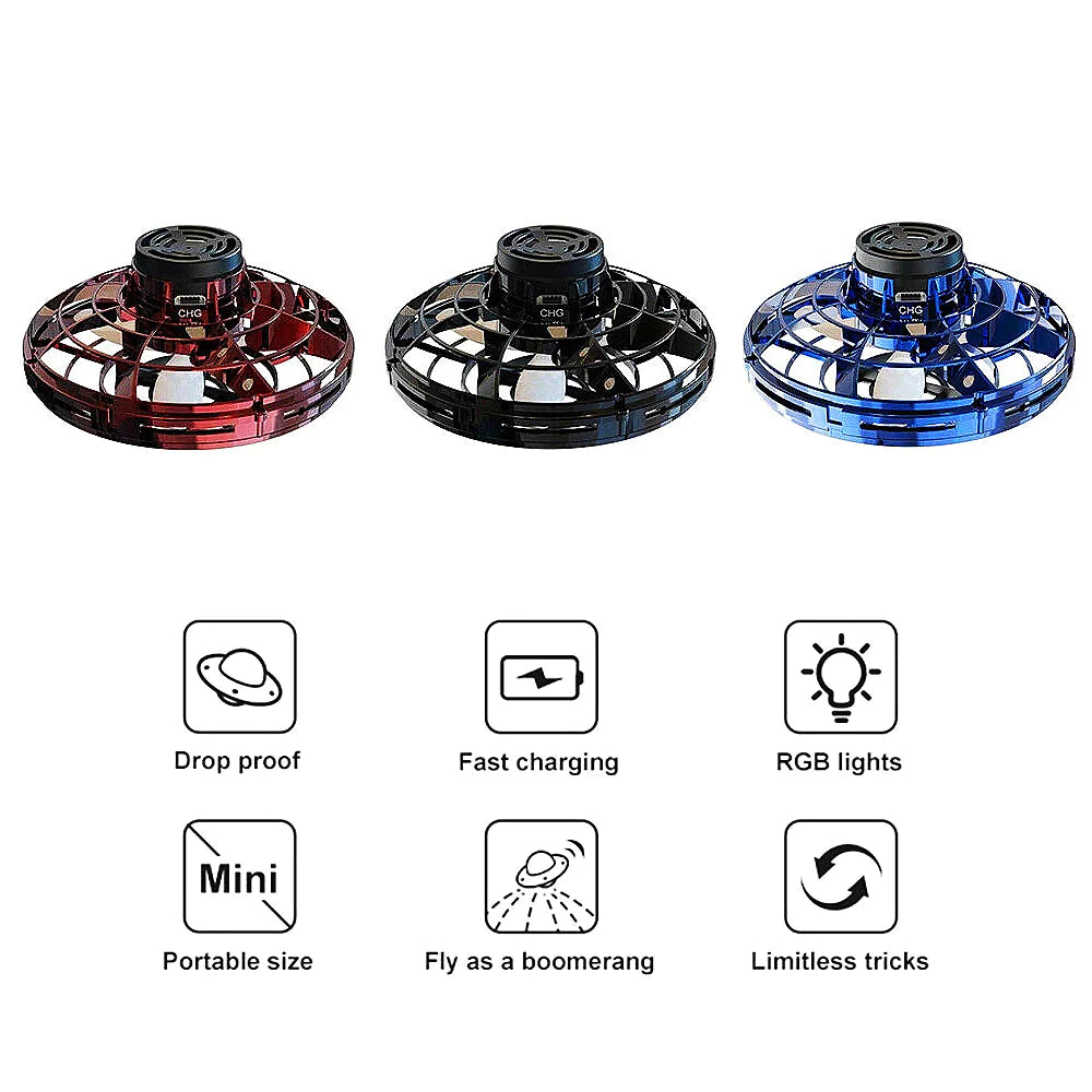Flying Fidget Spinner Drone Ball UFO Stress Focus Hand Fun Toy LED Kids & Adults WEM Support (www.WEM.support)