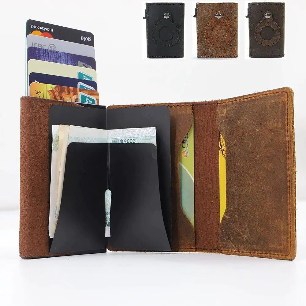 For Airtag Wallet Case Genuine Leather Credit Card Holder Magnetic Air Tag Cover WEM Support (www.WEM.support)