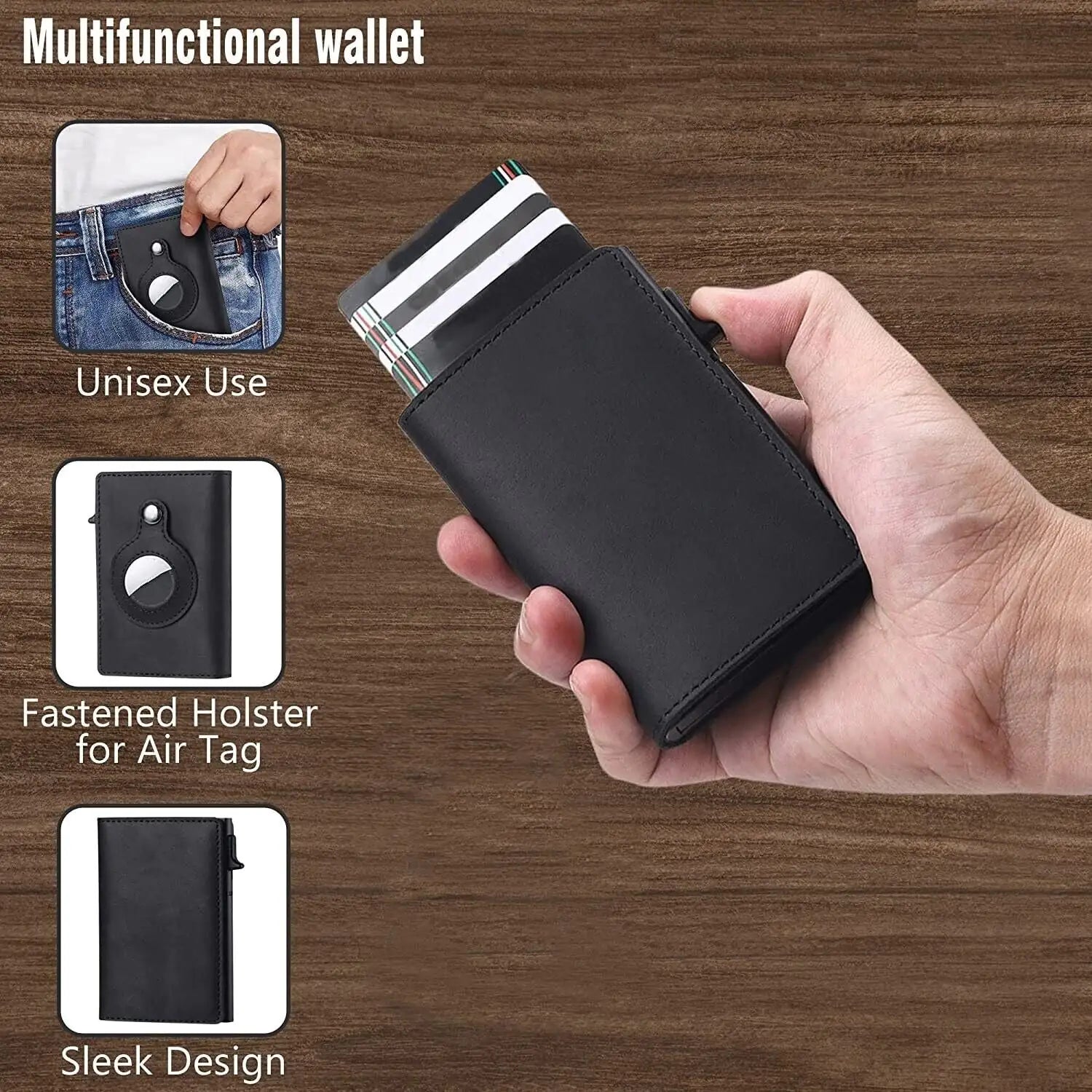 For Airtag Wallet Case Genuine Leather Credit Card Holder Magnetic Air Tag Cover WEM Support (www.WEM.support)