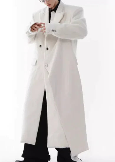 White Padded Shoulder Woolen Trench Coat WEM Support (www.WEM.support)