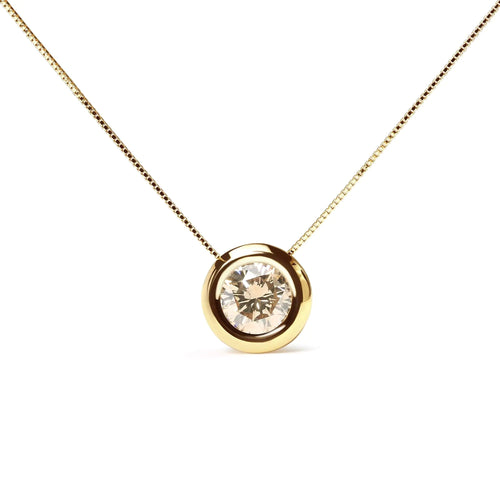 14K Yellow Gold 1 3/8 Cttw Bezel Set Round Champagne Diamond Solitaire 18" Pendant Necklace (Champagne Color, SI2-I1 Clarity) WEM Support (www.WEM.support)
