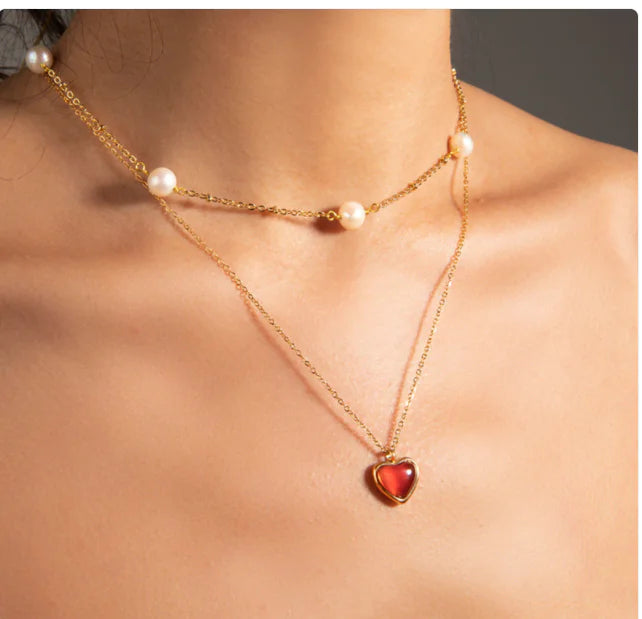 18K Gold Stainless Steel Inlaid Red Agate Love Pendant Necklace WEM Support (www.WEM.support)