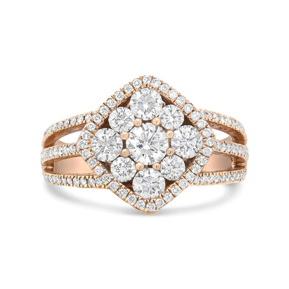 18K Rose Gold 1 1/4 Cttw Diamond Halo Cluster Split Shank Ring Band (F-G Color, VS1-VS2 Clarity) WEM Support (www.WEM.support)