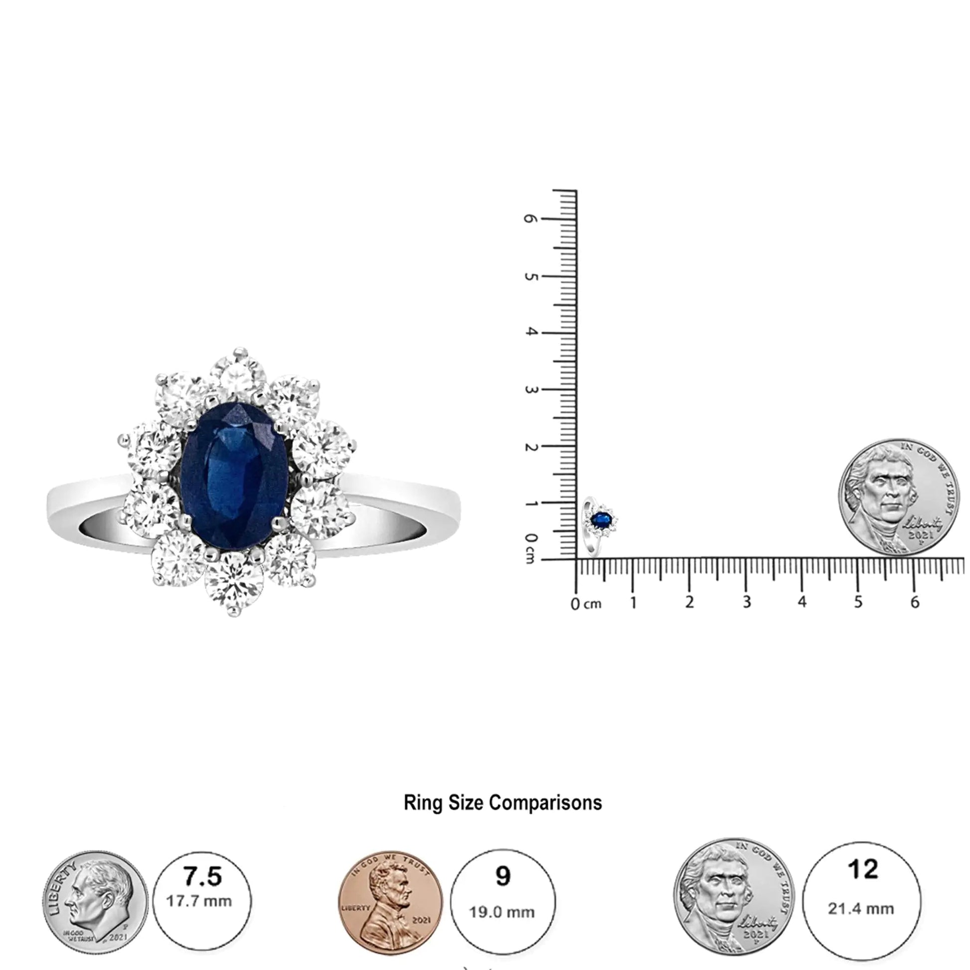 18K White Gold 7x5 mm Oval Cut Blue Sapphire and Round Diamond 3/4 Cttw Sunburst Halo Ring (F-G Color, VS1-VS2 Clarity) WEM Support (www.WEM.support)