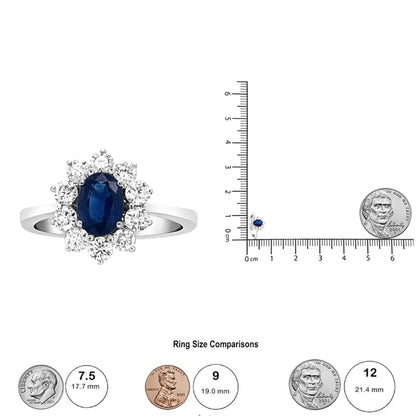 18K White Gold 7x5 mm Oval Cut Blue Sapphire and Round Diamond 3/4 Cttw Sunburst Halo Ring (F-G Color, VS1-VS2 Clarity) WEM Support (www.WEM.support)