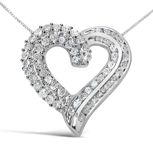 .925 Sterling Silver 1.0 Cttw Prong & Channel-Set Diamond Open work Ribbon Heart Pendant 18" Necklace (I-J Color, I3 Clarity) WEM Support (www.WEM.support)