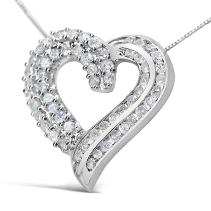 .925 Sterling Silver 1.0 Cttw Prong & Channel-Set Diamond Open work Ribbon Heart Pendant 18" Necklace (I-J Color, I3 Clarity) WEM Support (www.WEM.support)