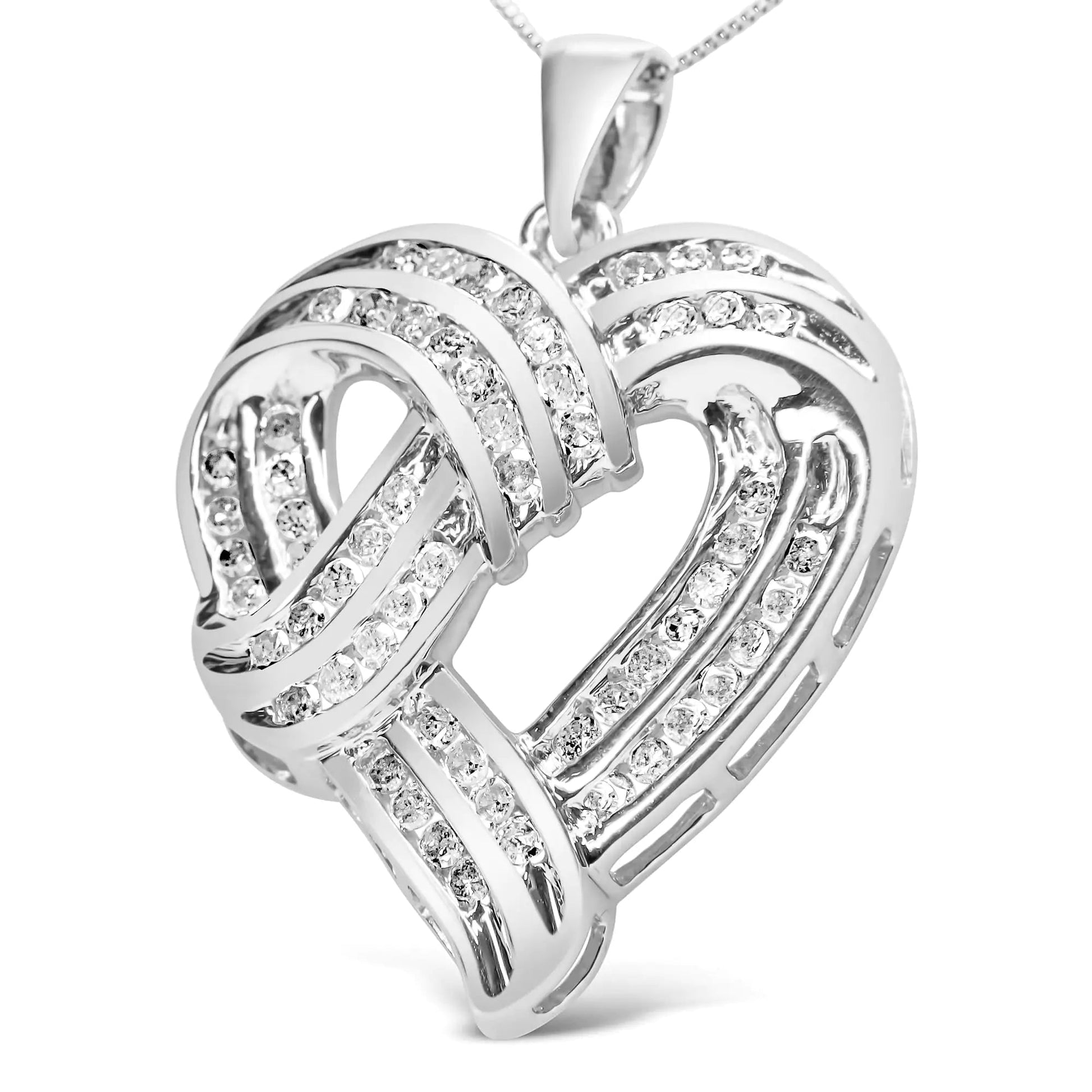 .925 Sterling Silver 1 1/4 Cttw Round Diamond Openwork Ribbon Weave Heart Pendant 18" Necklace (I-J Color, I3 Clarity) WEM Support (www.WEM.support)