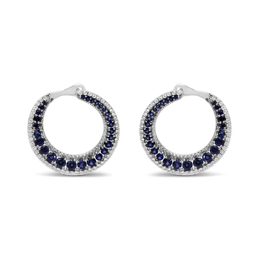 .925 Sterling Silver 2 3/4 Cttw Created Blue Sapphire Crescent Moon Disc Style Hoop Earrings - AAA Quality WEM Support (www.WEM.support)