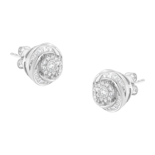 .925 Sterling Silver 3/4 Cttw Round and Baguette-Cut Diamond Love Knot Stud Earring (I-J Color, I2-I3 Clarity) WEM Support (www.WEM.support)